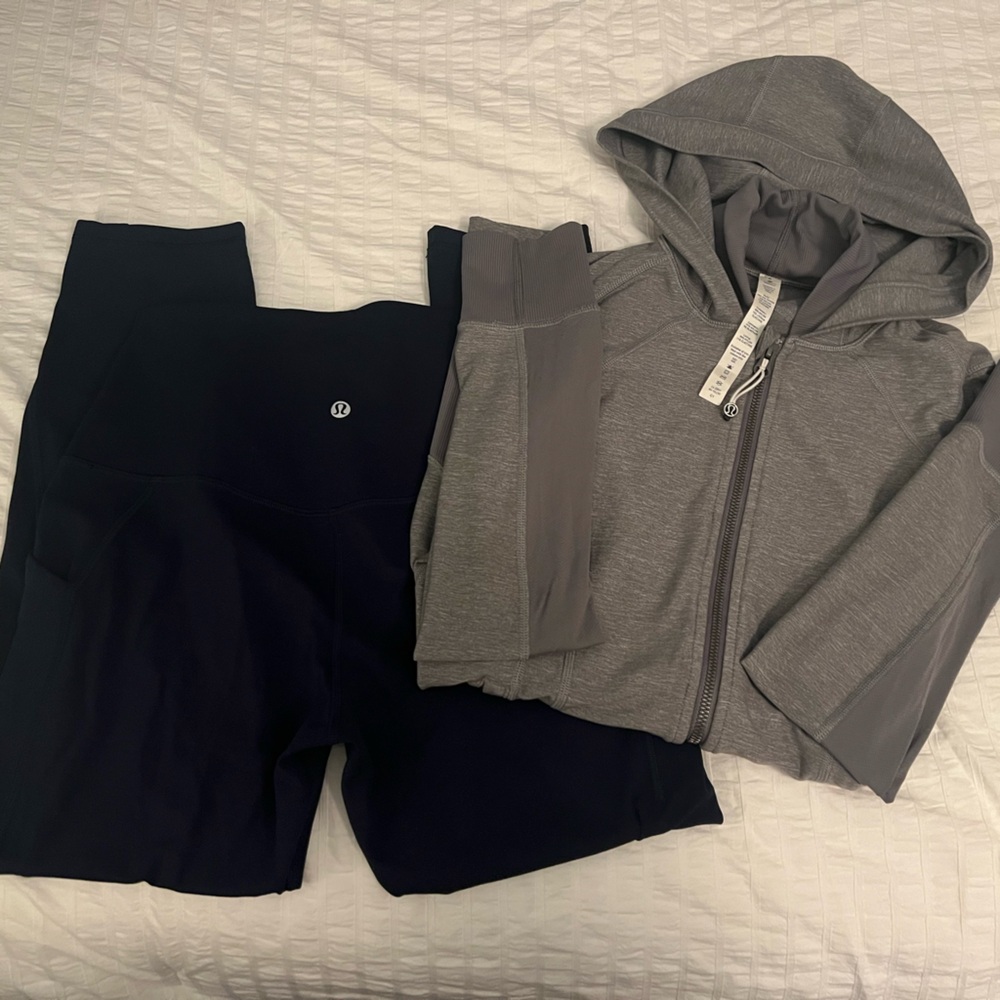 #4-Lululemon Athletica Gray ZipUp Hoodie size 6 Navy Blue-lulu leggings size 8